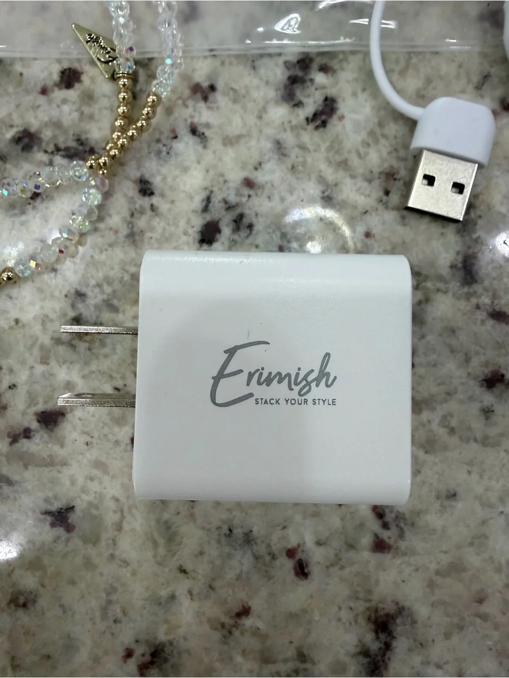 Erimish White Multi-Connector Charging Cable Set with Brown Beaded Wrap